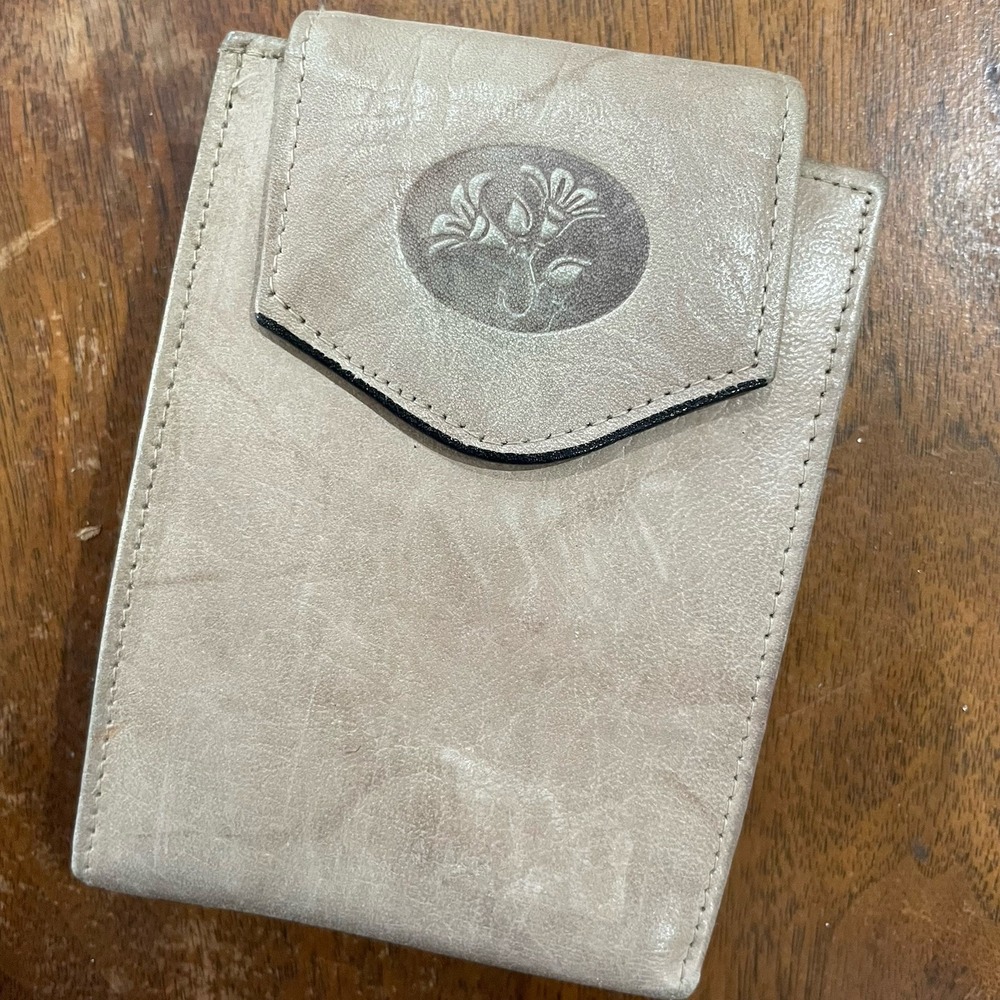 Vintage BUXTON Small Cowhide Leather Bifold Zip Wallet Beige Photo Holder Coin